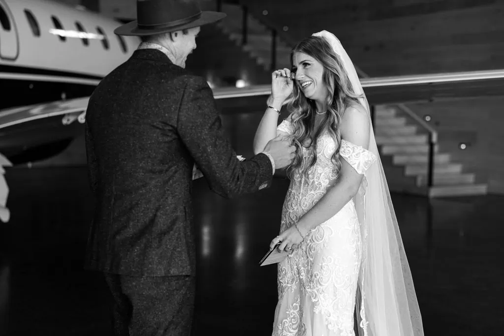 Bride gets emotional during an intimate first look with her groom