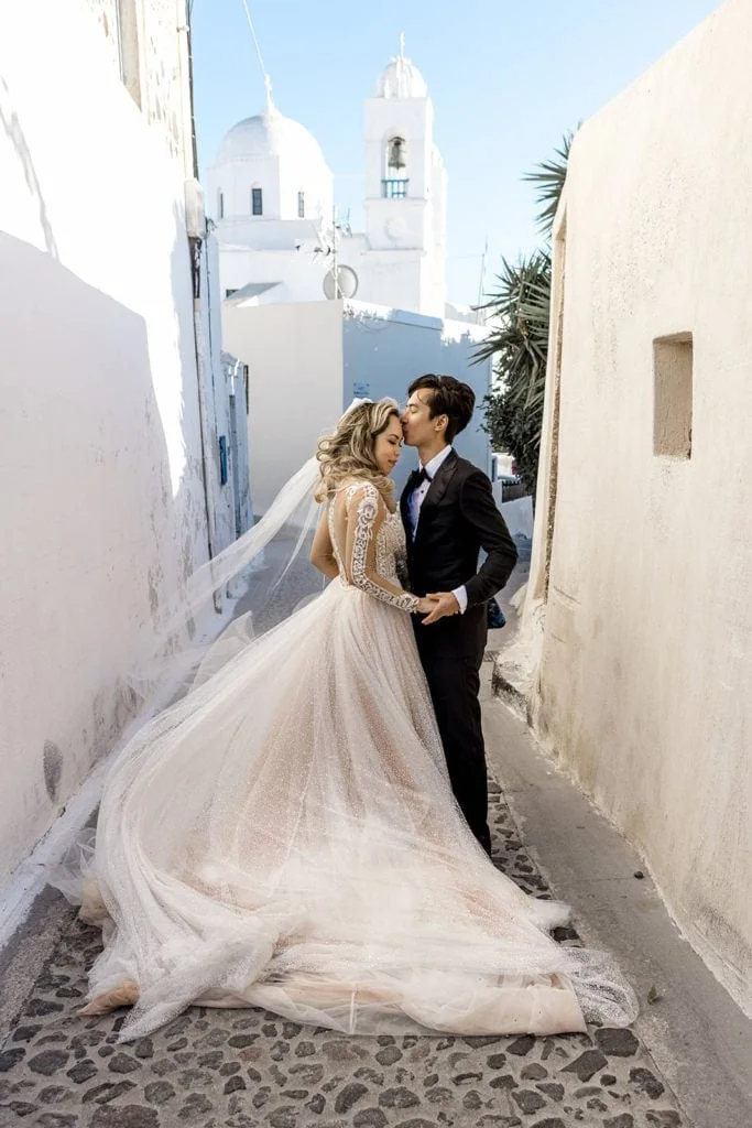 Bride and groom portrait after Santorini wedding