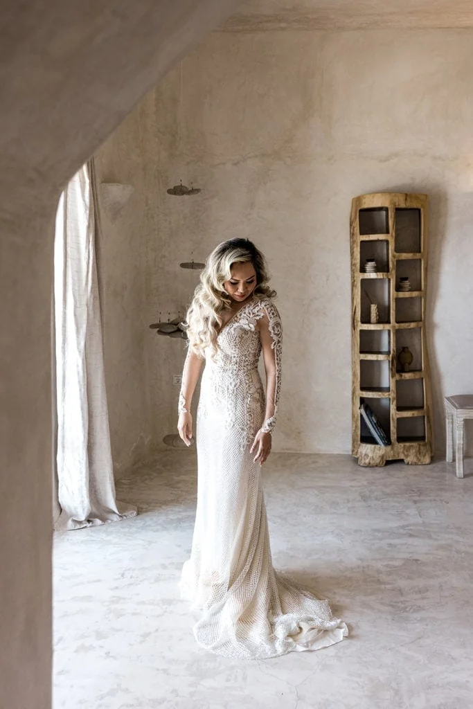 Bride wearing gown inside Cavo Ventus wedding venue