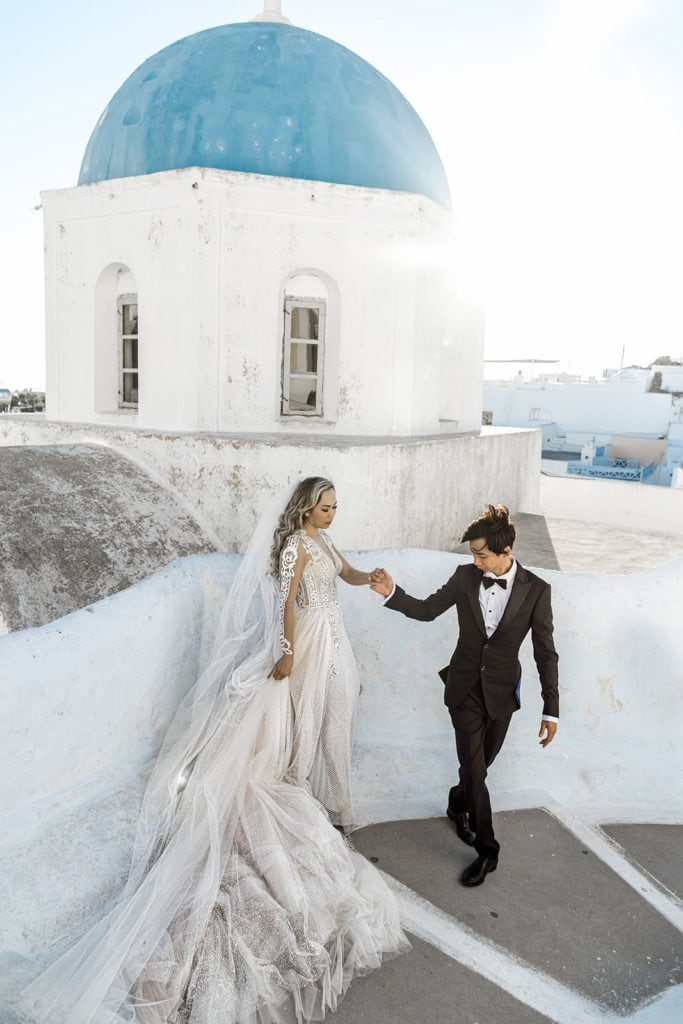 Wedding portrait of bride and groom in Santorini Greece