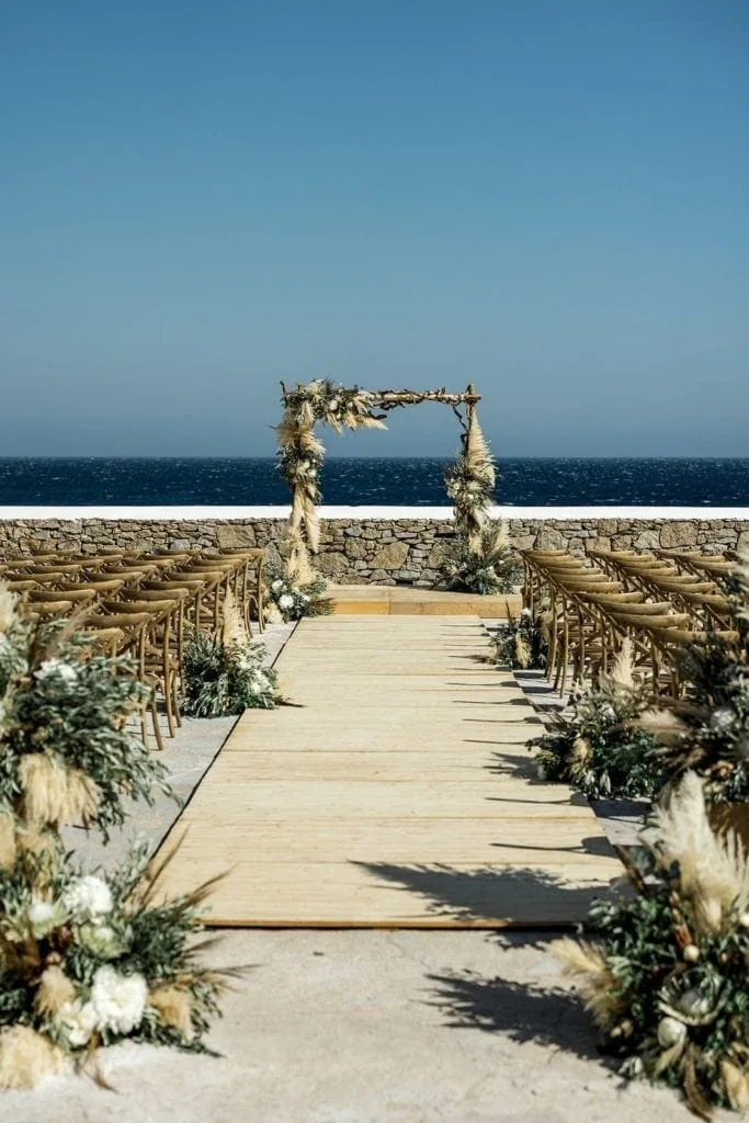 Sage and olive Mykonos wedding ceremony decor