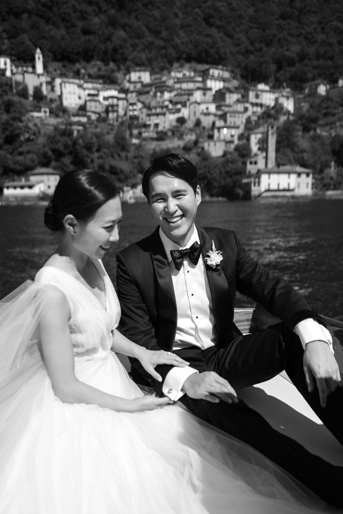 Bride and groom portrait on Lake Como Riva boat