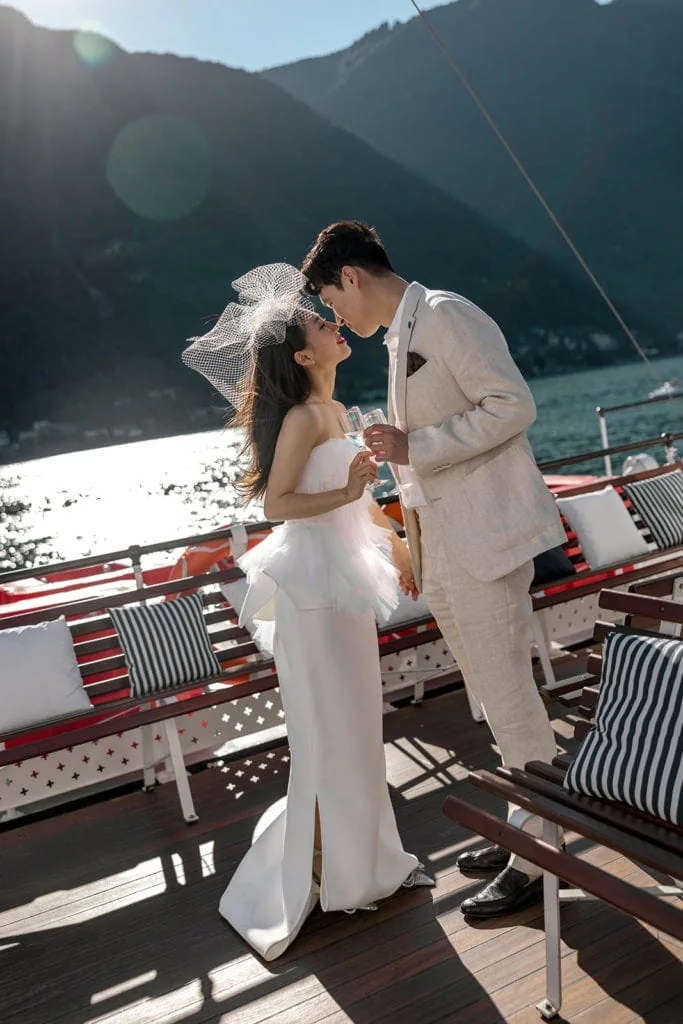 Bride and groom together on Lake Como ferry boat