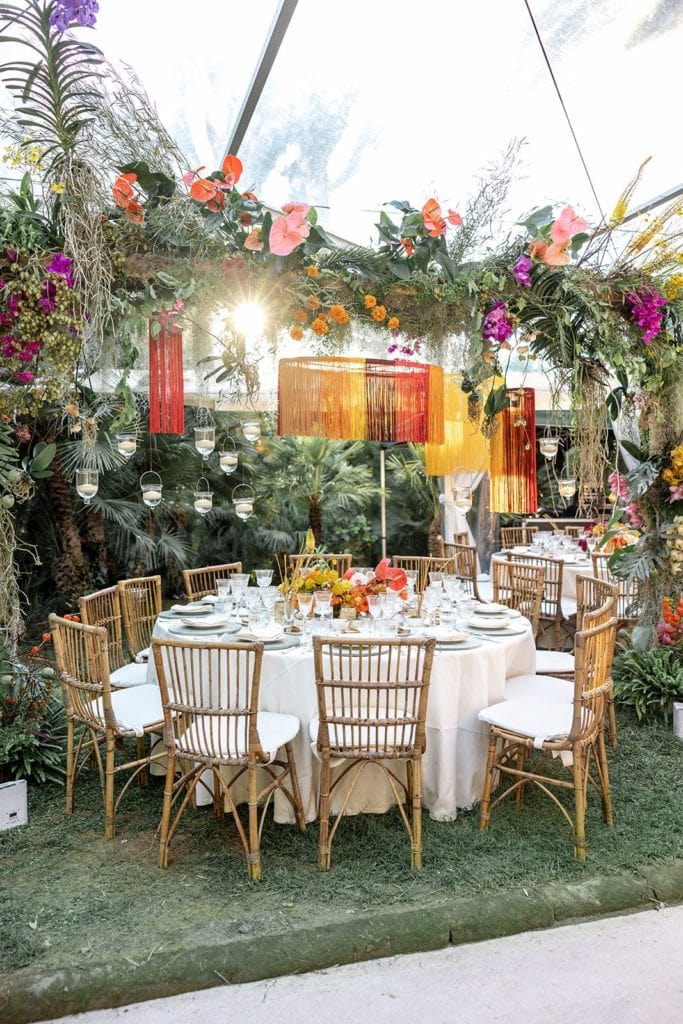 Colorful, tropical-inspired reception decor