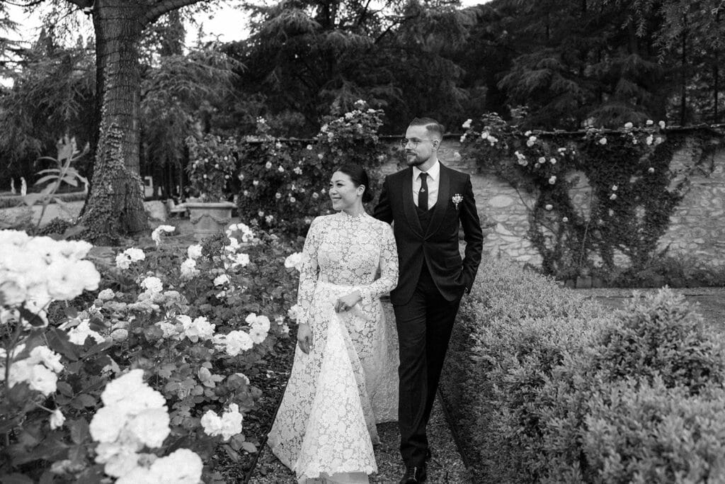 Bride and groom black and white portrait at Tuscany garden wedding venue