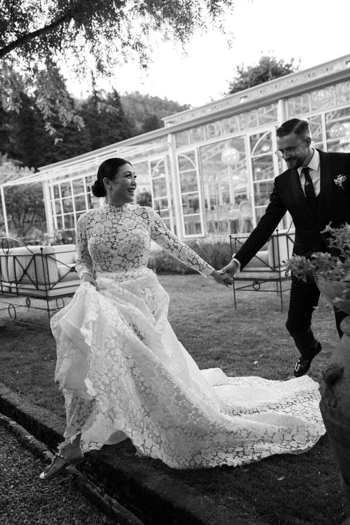 Bride and groom black and white portrait Tuscany garden wedding venue