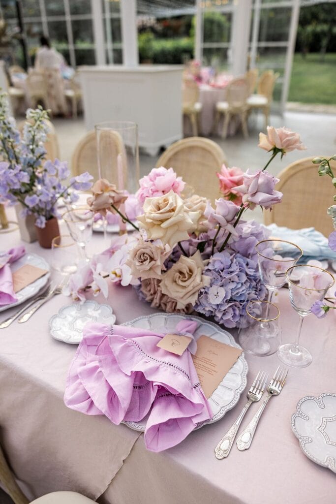 Pink wedding reception table linens
