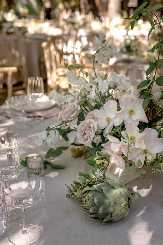 Blush pink and green wedding reception details