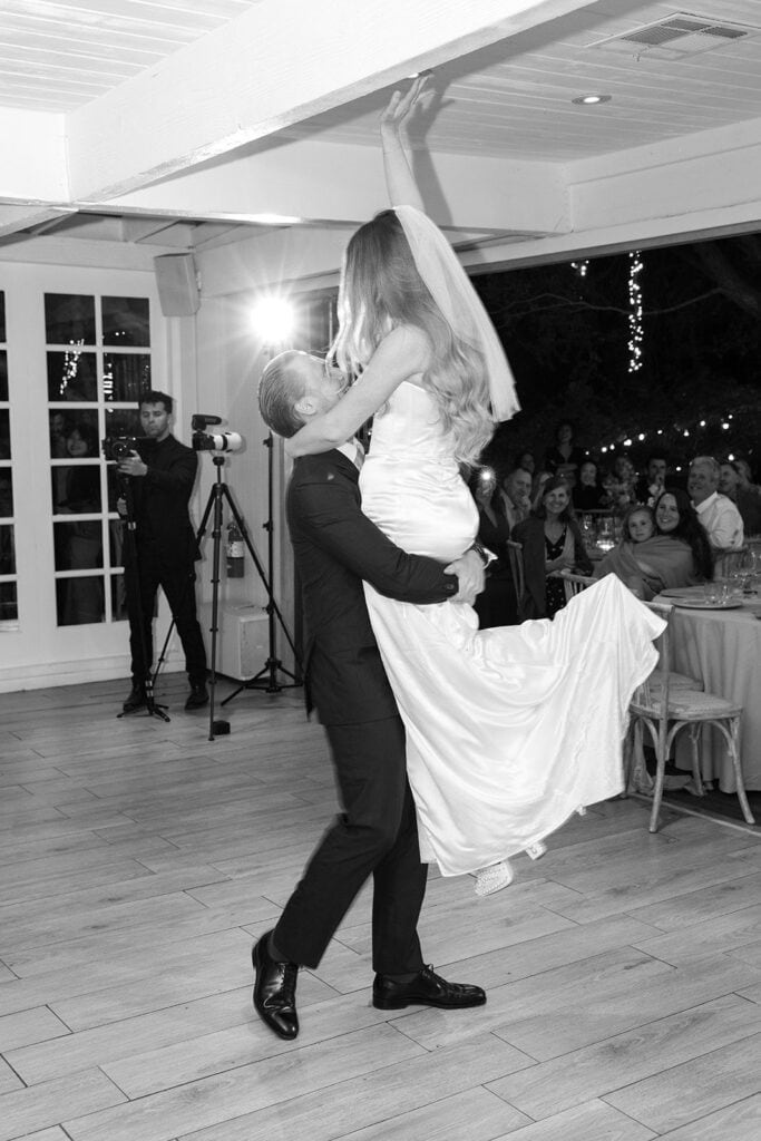 Bride and groom share first dance at malibu wedding reception
