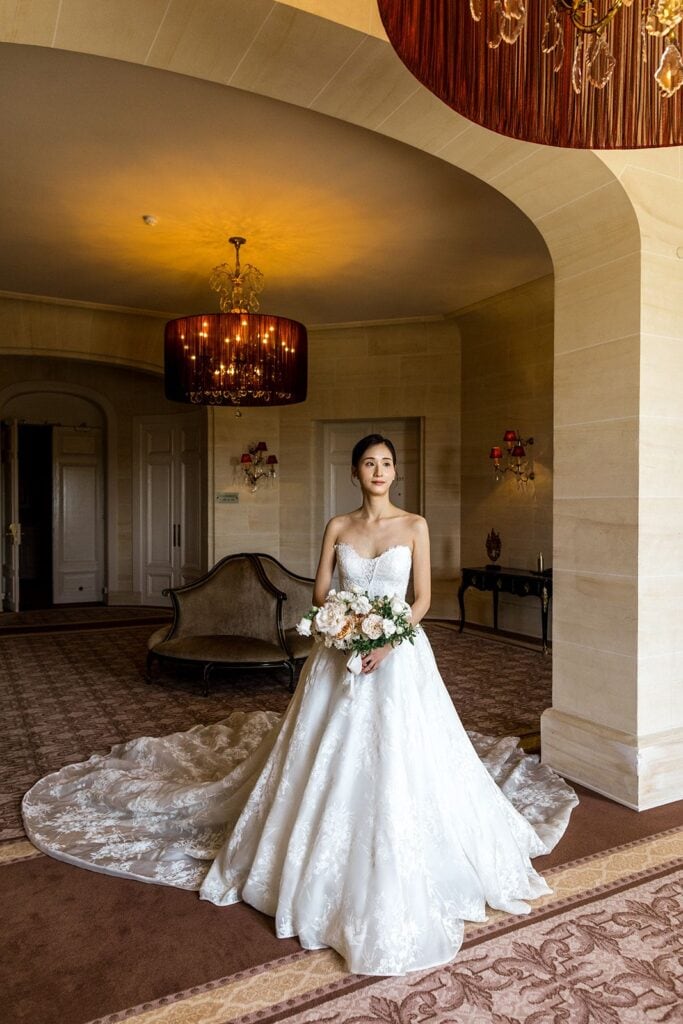 Bridal portrait in Hotel Mont Royal Chantilly before France destination wedding