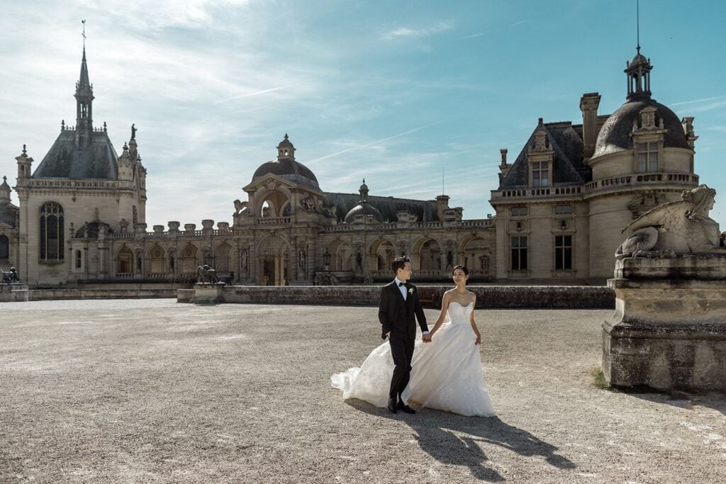 Bride and groom epic portrait at Chateau de Chantilly wedding venue