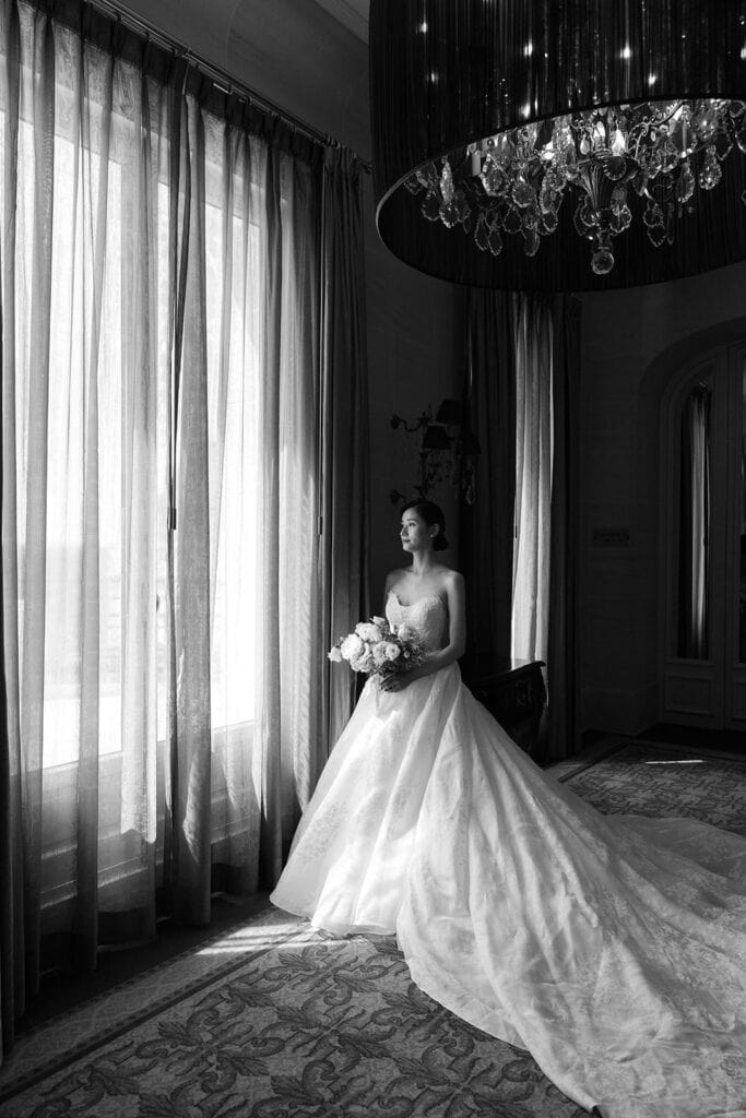 Black and white bridal portrait at Hotel Mont Royal Chantilly, France