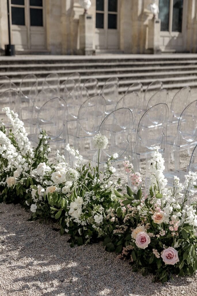 Chateau de Chantilly floral wedding ceremony details