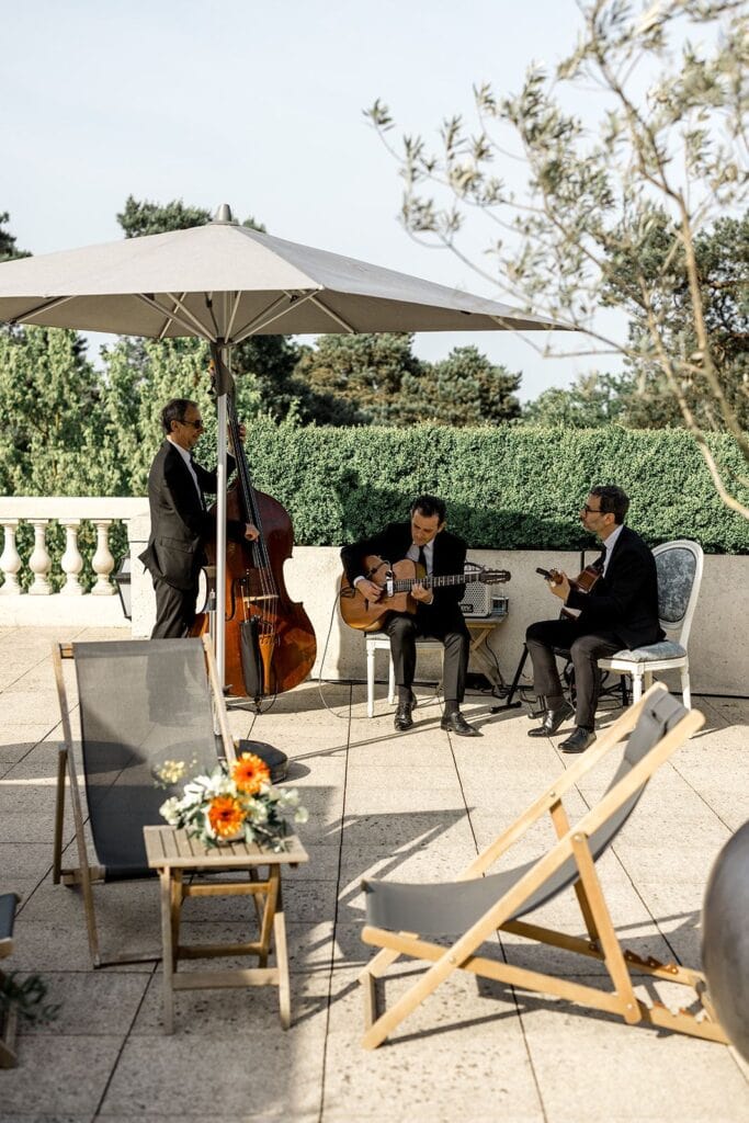 String trio plays at France destination wedding welcome party