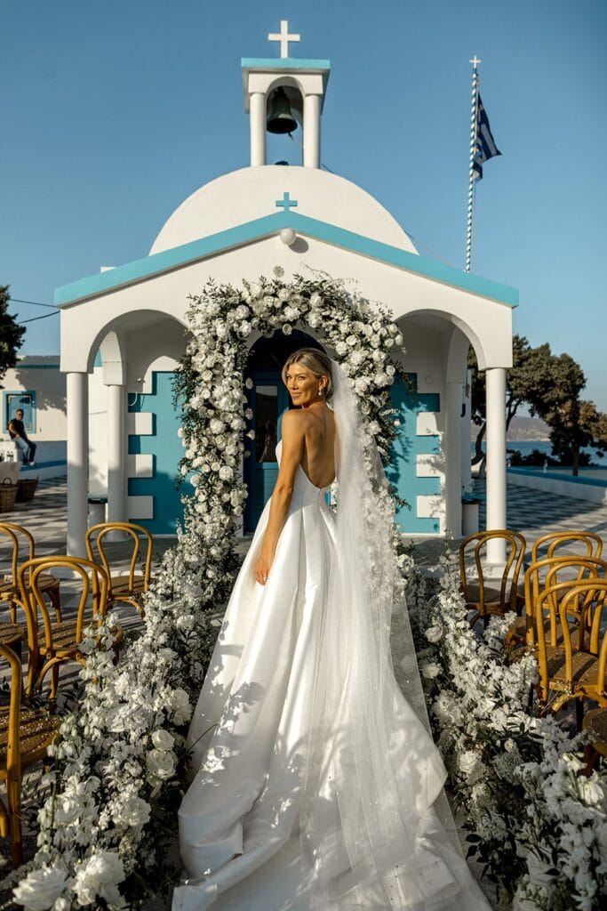 Bridal portrait Greek island wedding chapel