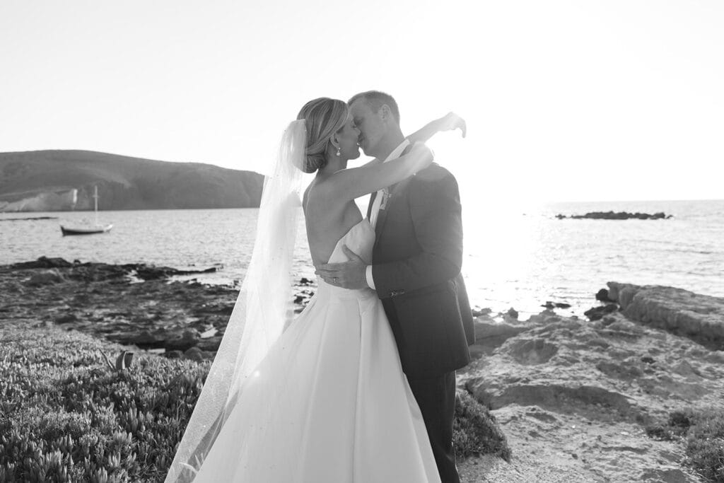 Black and white wedding portrait Greek island wedding
