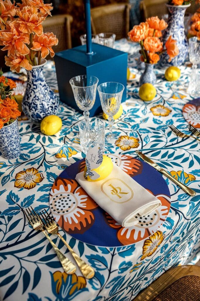 Blue and orange tablescape design