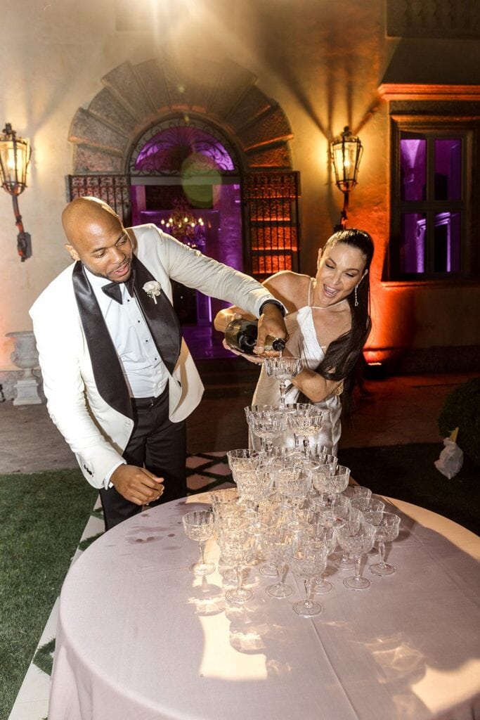Bride and groom champagne tower