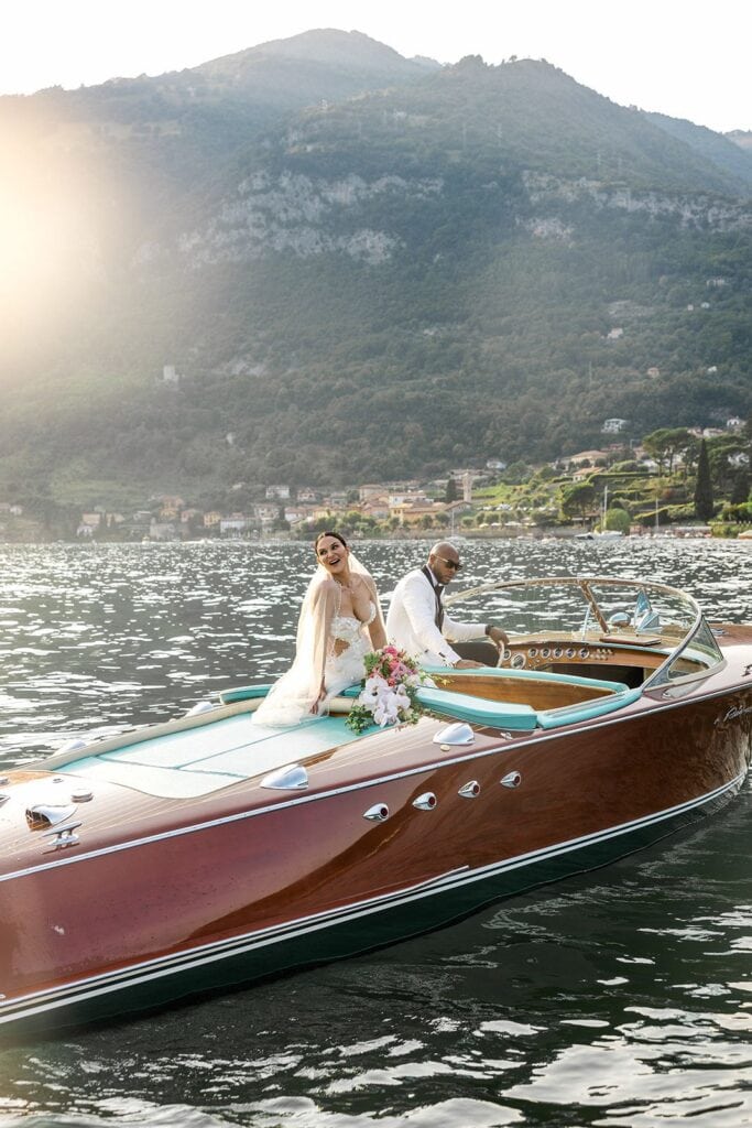 Bride and groom Lake Como Riva boat