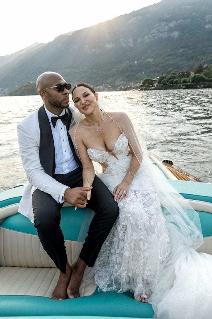 Bride and groom Lake Como riva boat portrait