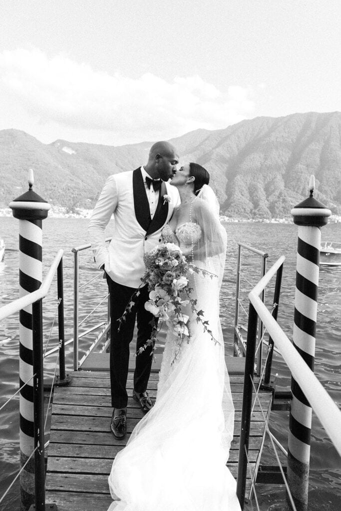 Black and white just married portrait in Lake Como