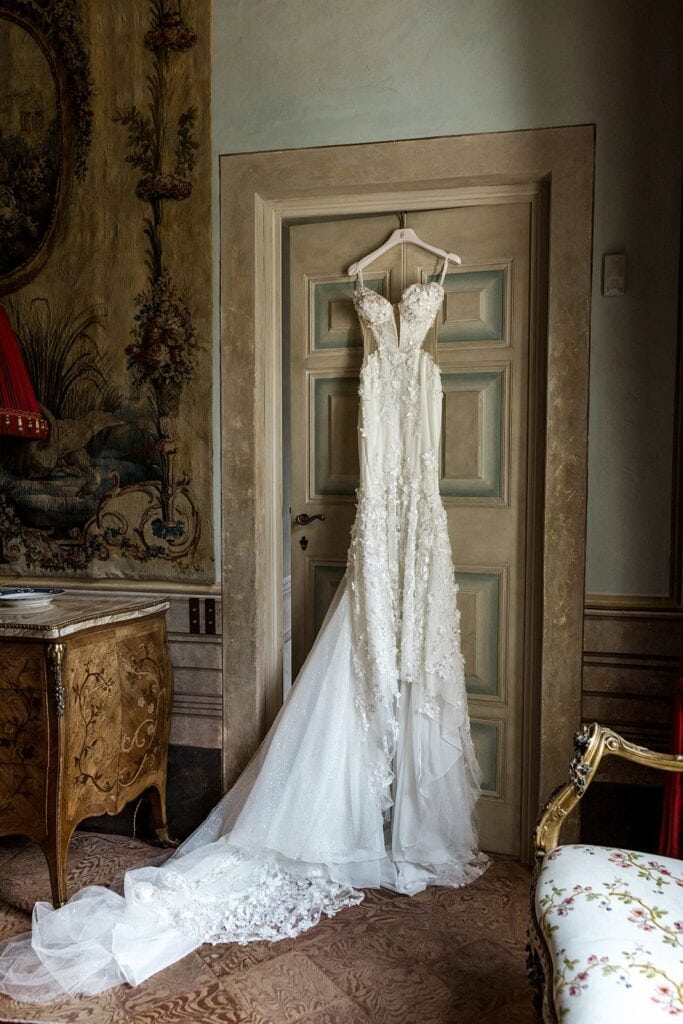 Bridal gown details in Villa Balbiano, Lake Como