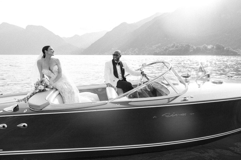 Lake Como Riva Boat black and white portrait of bride and groom