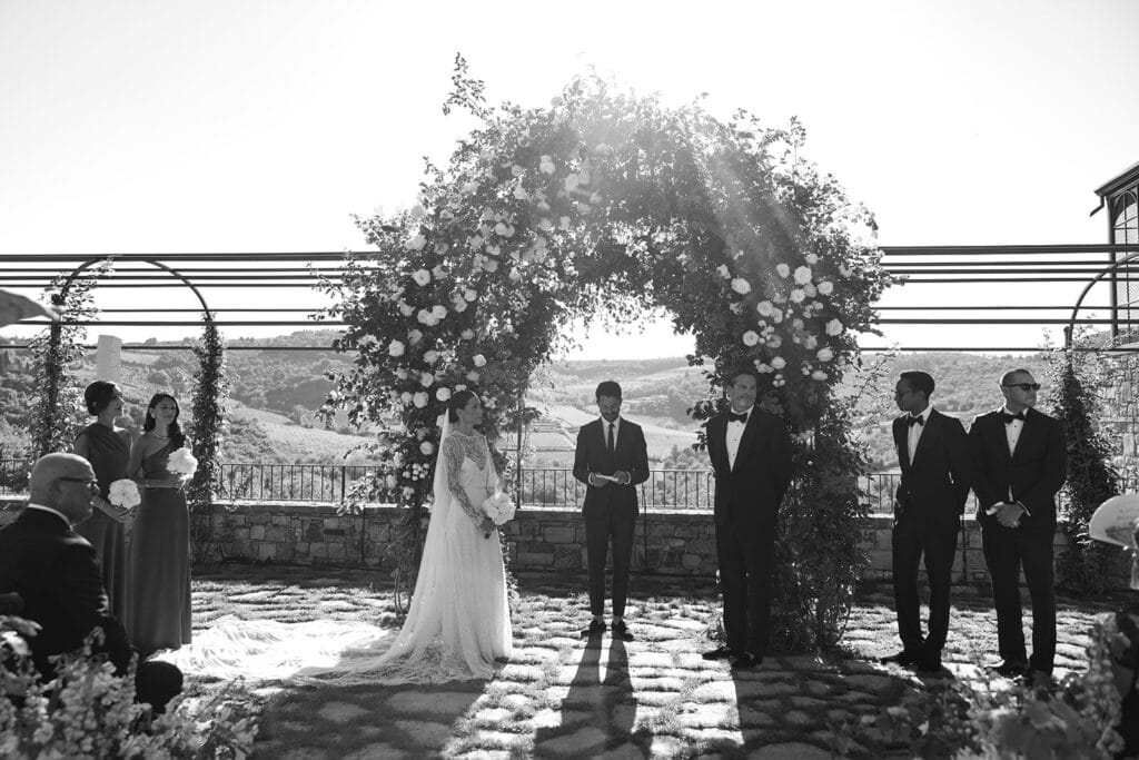Bride and groom at Tuscany vineyard wedding ceremony