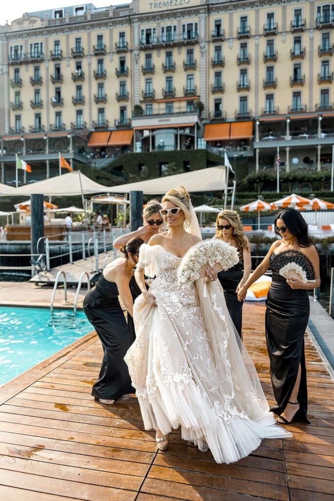 Bride and bridesmaids on Hotel Tremezzo dock