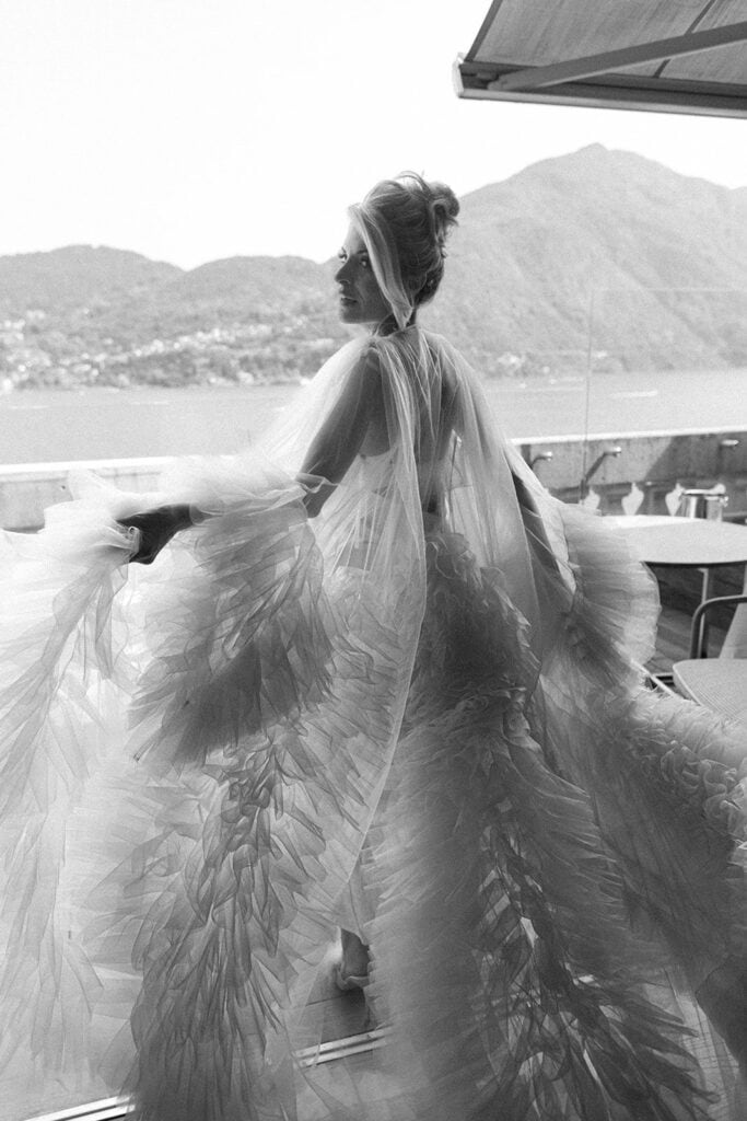Bride getting ready on terrace in Lake Como
