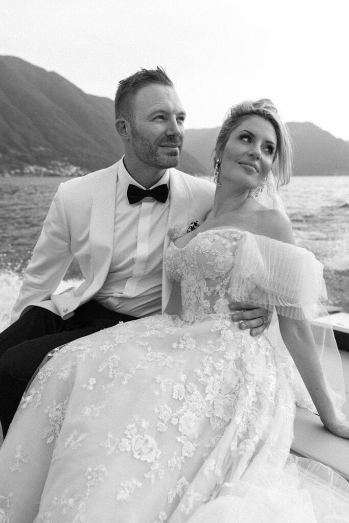 bride and groom black and white portrait in Lake Como