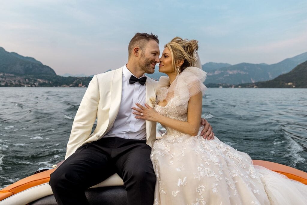Bride and groom portrait on Lake Como boat