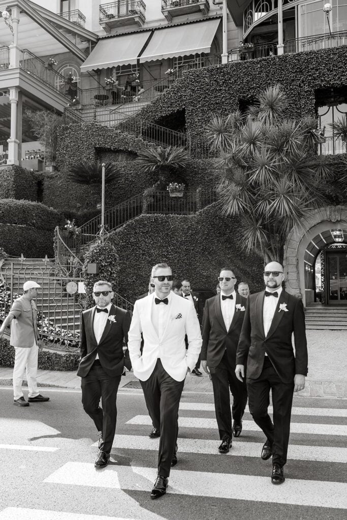 Groom and groomsmen in front of Hotel Tremezzo