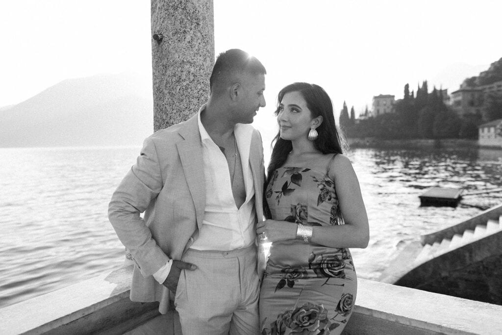 Black and white engagement portrait in Lake Como
