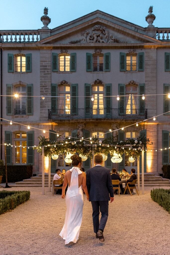 Bride and groom nighttime reception at Chateau de Tourreau