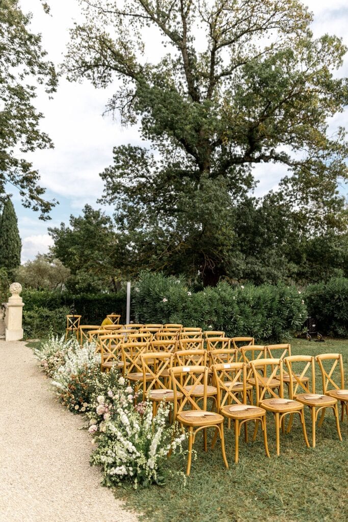 Garden chateau de tourreau wedding ceremony decor