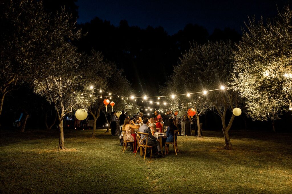 Nighttime garden wedding welcome party