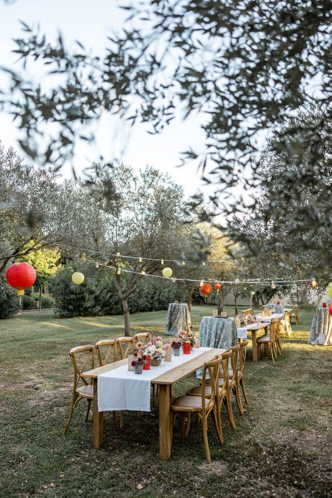 Wedding welcome party in garden at south of france destination wedding venue