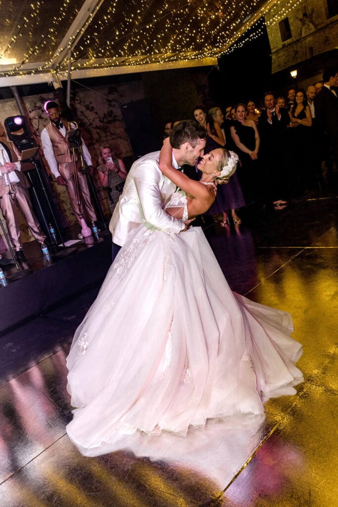 Wedding couple's first dance at Mallorca wedding at La Fortaleza, photographed by Lilly Red