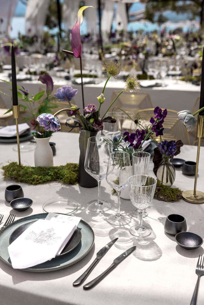 Table settings at luxurious Mallorcan wedding photographed by Lilly Red