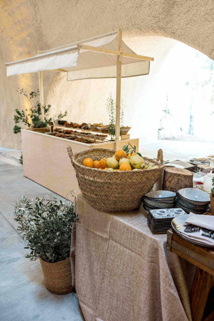 Photo by Lilly Red of the food stations at Caroline and Ryan's wedding in Mallorca